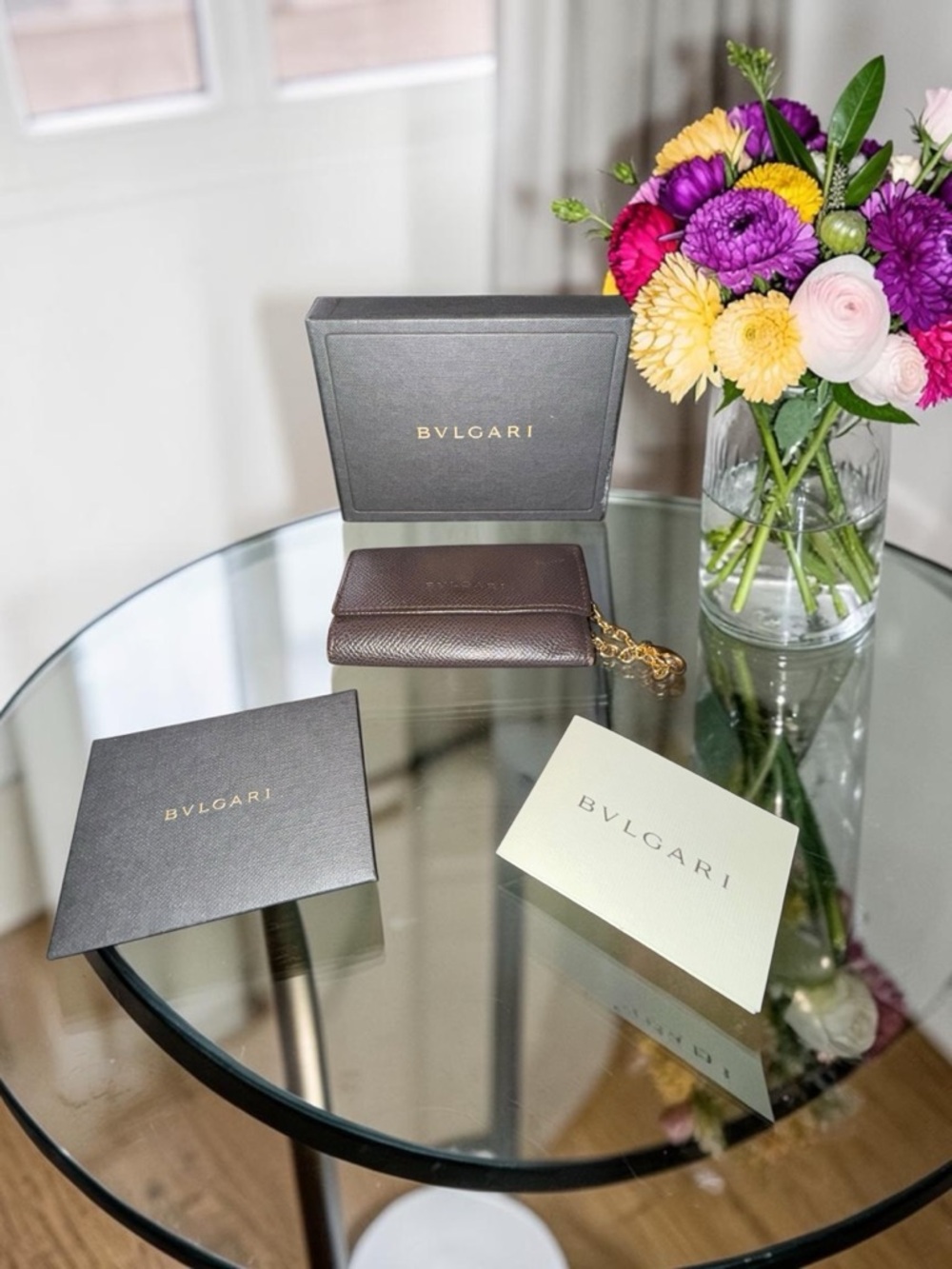 Elegant BVLGARI Leather Dark Brown Key Holder with box and keychain